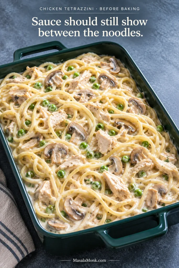 Unbaked chicken tetrazzini in a green casserole dish with spaghetti, cooked chicken, mushrooms and peas surrounded by visible creamy sauce. Text says sauce should still show between the noodles.