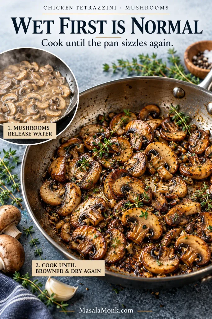 Two stages of sliced mushrooms in a skillet: pale mushrooms releasing liquid and browned mushrooms in a mostly dry pan. Text says “Wet first is normal” and “Cook until the pan sizzles again.”