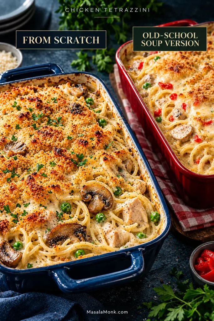 Two chicken tetrazzini casseroles: a from-scratch version in a blue baking dish and an old-school condensed-soup version in a red dish with pimiento.
