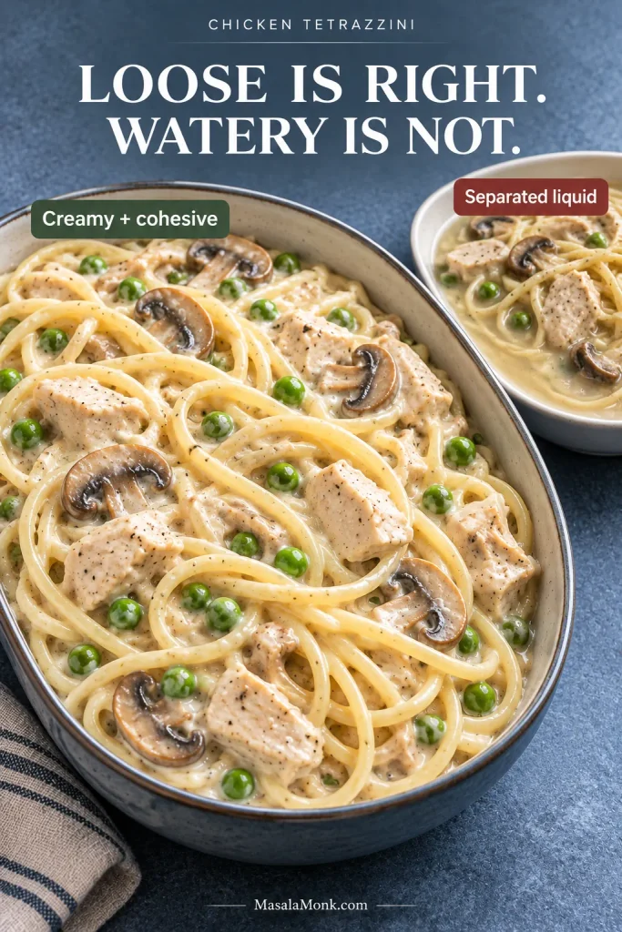 Two unbaked chicken tetrazzini mixtures comparing creamy cohesive sauce with thin separated liquid around spaghetti, chicken, mushrooms and peas. Text reads “Loose is right. Watery is not.”