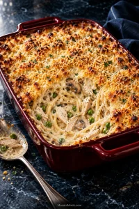 Chicken tetrazzini in a burgundy baking dish with golden breadcrumb topping and a creamy center showing spaghetti, chicken, mushrooms and peas.