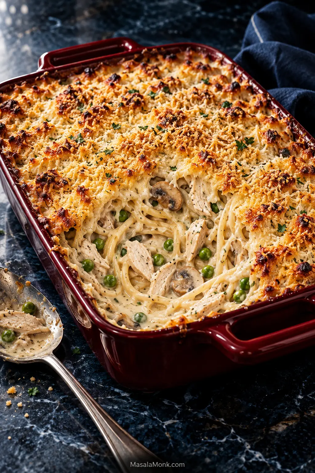 Chicken tetrazzini in a burgundy baking dish with golden breadcrumb topping and a creamy center showing spaghetti, chicken, mushrooms and peas.