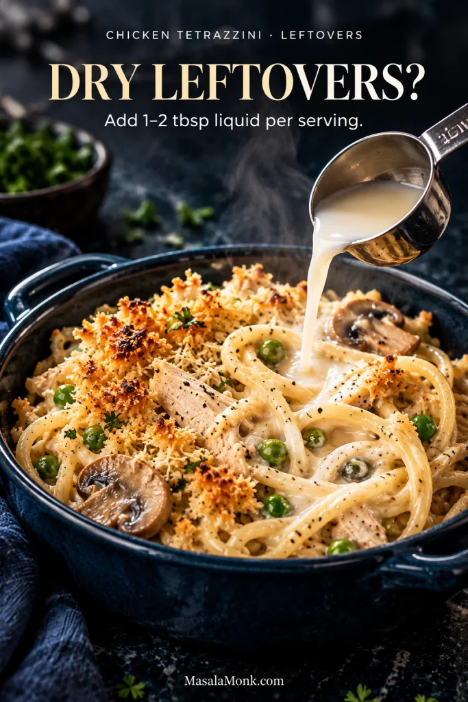 A measuring spoon pours a small amount of liquid over leftover chicken tetrazzini with spaghetti, chicken, mushrooms, peas and breadcrumb topping. Text reads “Dry leftovers? Add 1–2 tbsp liquid per serving.”