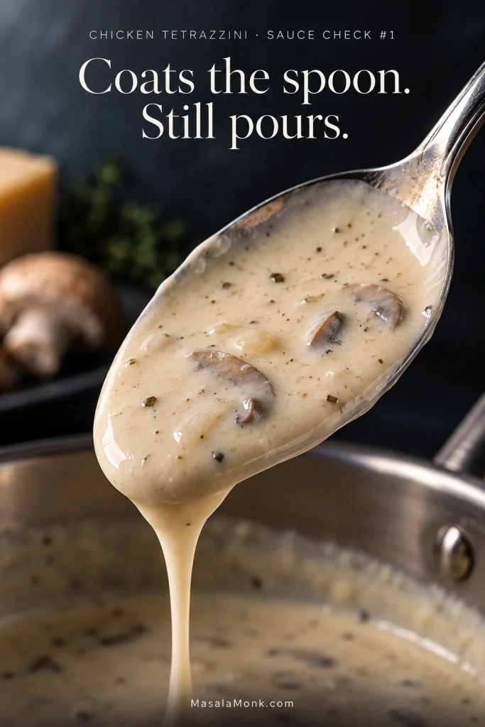 Creamy mushroom-Parmesan sauce coating a silver spoon and flowing back toward a pan. Text reads “Sauce Check #1 — Coats the spoon. Still pours.”