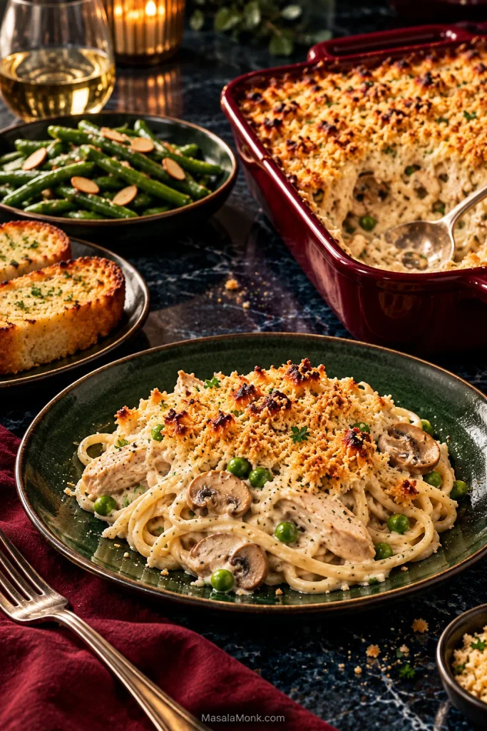 Plated chicken tetrazzini with creamy spaghetti, chicken, mushrooms and peas beside a casserole dish, green beans almondine and garlic bread on a dark dinner table.