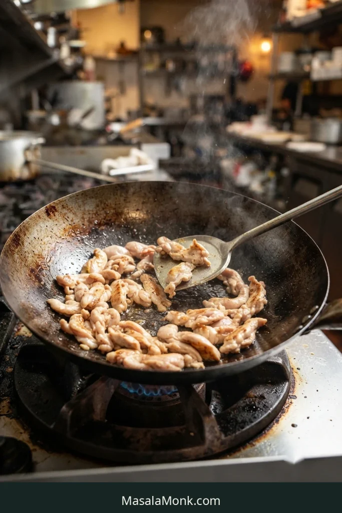 Thin chicken thigh slices browning in a single layer across a seasoned carbon-steel wok.