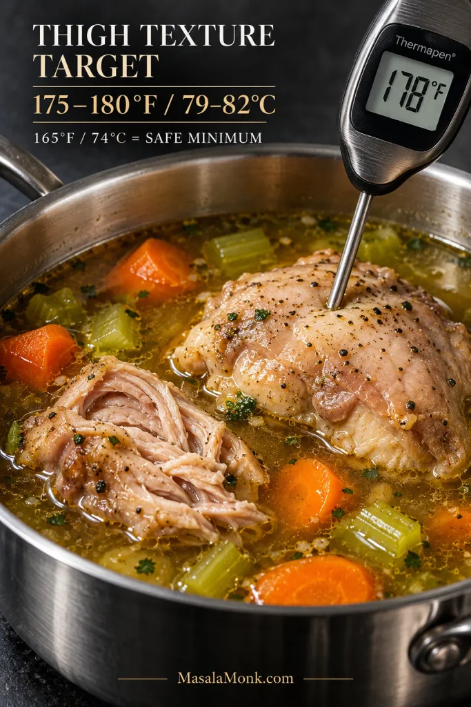 Instant-read thermometer showing 178°F in a boneless chicken thigh simmering in golden broth with carrot and celery, with another thigh piece pulled apart to show moist cooked meat. Text identifies 175–180°F / 79–82°C as the thigh texture target and 165°F / 74°C as the safe minimum.