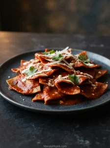Chilaquiles rojos with red-salsa-coated corn tortilla pieces, crema, crumbled cheese, sliced white onion and cilantro on a dark plate.