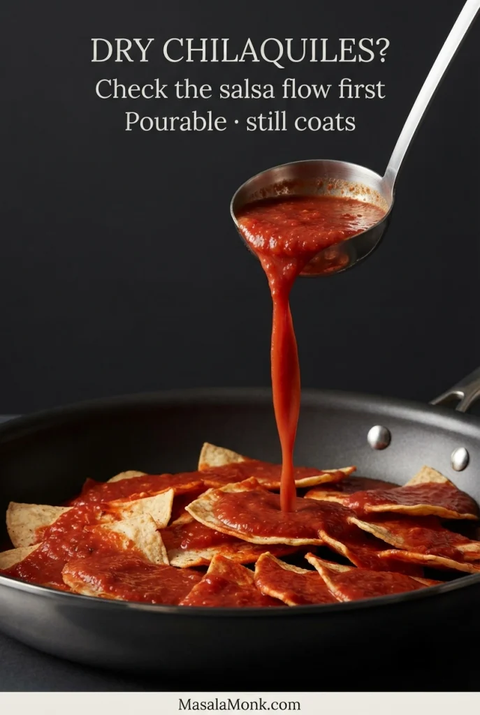 Smooth red salsa pours in a narrow ribbon over partially softened tortilla pieces and flows between them. Graphic text describes the correct salsa flow.
