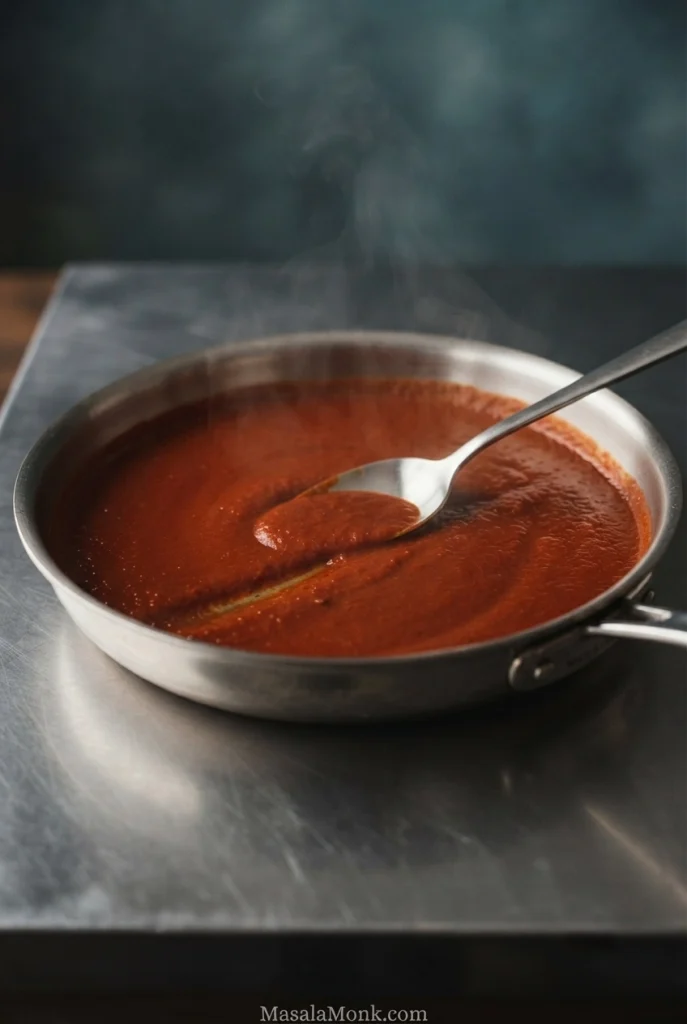 Smooth brick-red tomato-guajillo salsa in a skillet with a metal spoon leaving a shallow trail through the sauce.