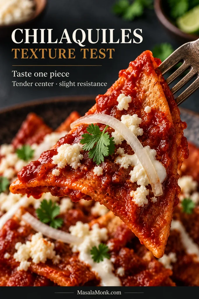 A red-salsa-coated tortilla wedge bends downward from metal tongs over a skillet of chilaquiles. Graphic text gives a chilaquiles texture test.