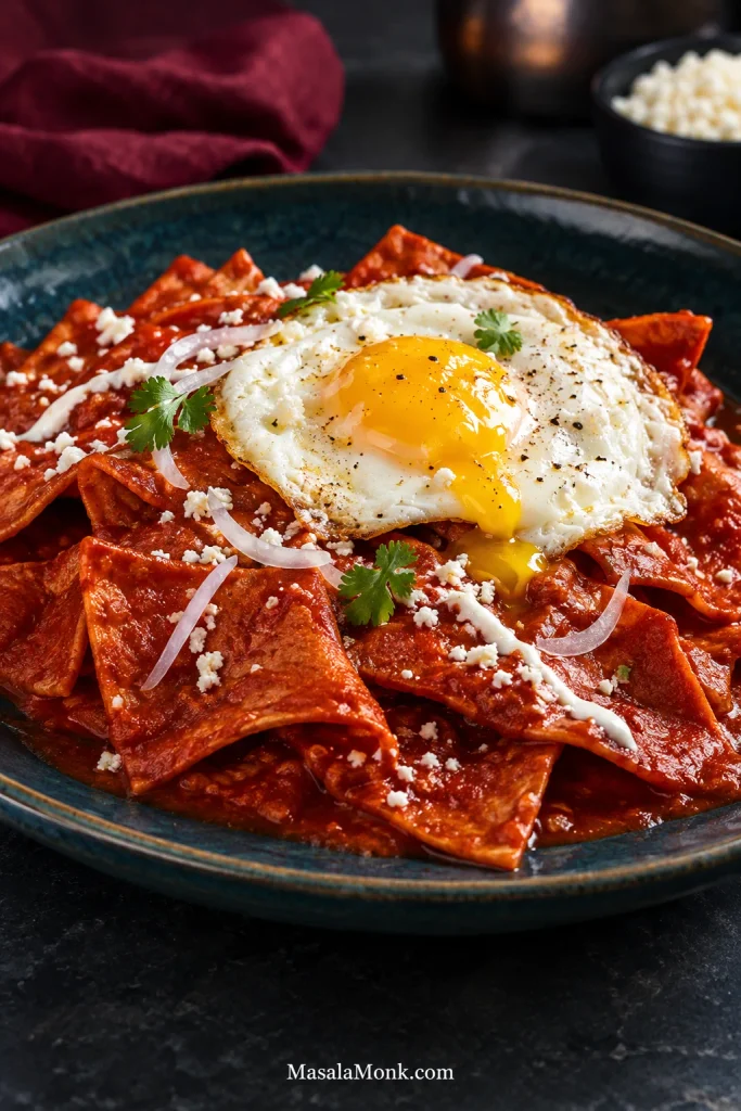 Chilaquiles rojos topped with one fried egg with a soft golden yolk, crema, crumbled cheese, sliced onion and cilantro.