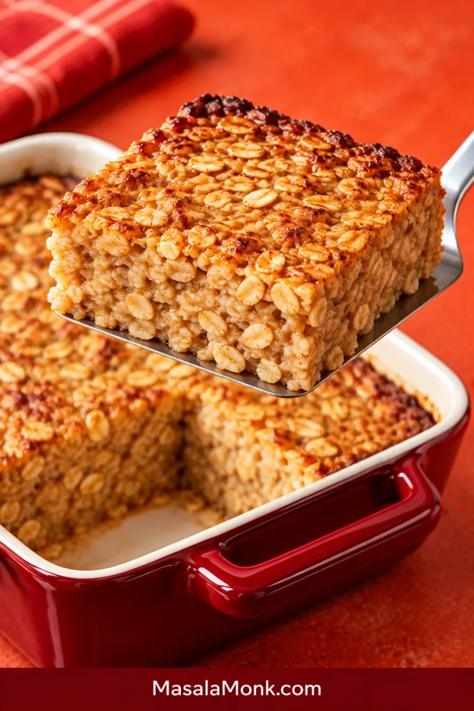 Chilled square of plain baked oatmeal lifted on a metal spatula, showing clean sides and a moist rolled-oat interior.