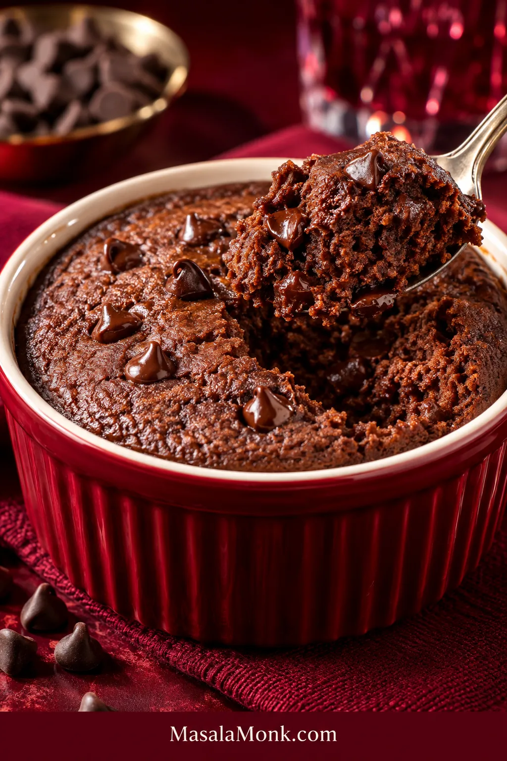Chocolate baked oats in a deep red ramekin with a spoon lifting a dark cake-like bite containing a few chocolate chips.