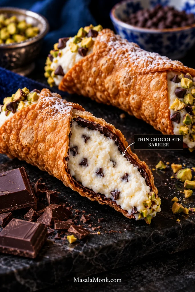 Cutaway cannolo showing a thin dark chocolate coating between the fried shell and the white ricotta filling.