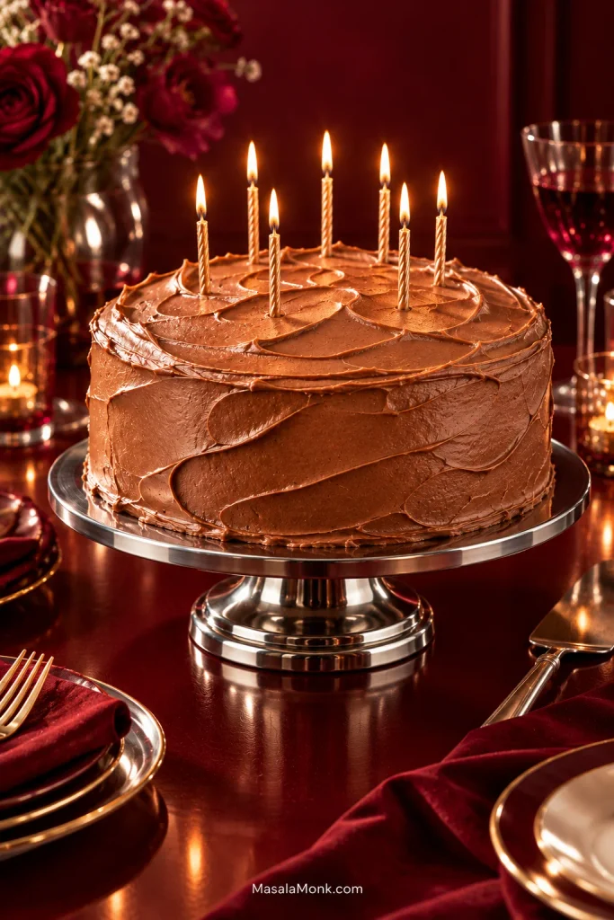 Whole two-layer chocolate cake with chocolate buttercream and lit slender candles on a polished stand in a red celebration setting.