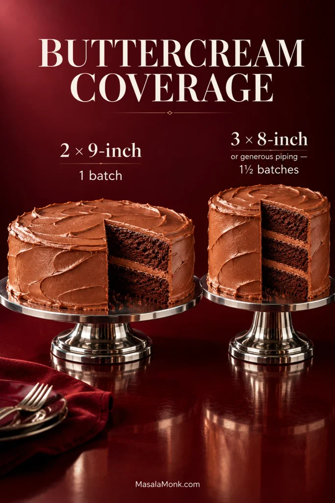 Two chocolate cakes with cutaways comparing a wider two-layer 9-inch cake and a taller three-layer 8-inch cake with chocolate buttercream.