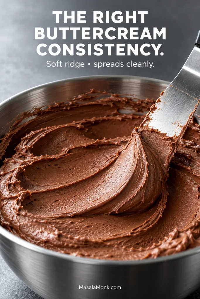 Chocolate buttercream in a mixing bowl with a spatula groove forming a soft ridge that holds its shape.