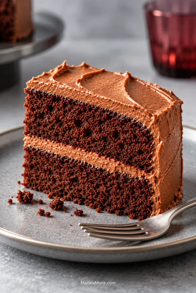 Two-layer chocolate cake slice on a cool gray plate with a thin chocolate buttercream filling, modest frosting and a fork nearby.