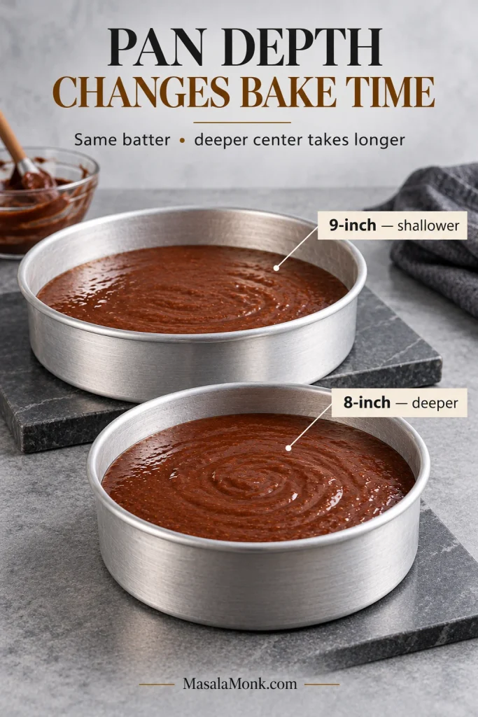 Two equal-height round cake pans filled with chocolate batter, comparing a wider 9-inch shallow layer with a narrower 8-inch deeper layer.