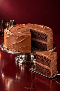 Two-layer chocolate cake with chocolate buttercream, one slice removed to reveal a tender dark crumb and thin center filling.