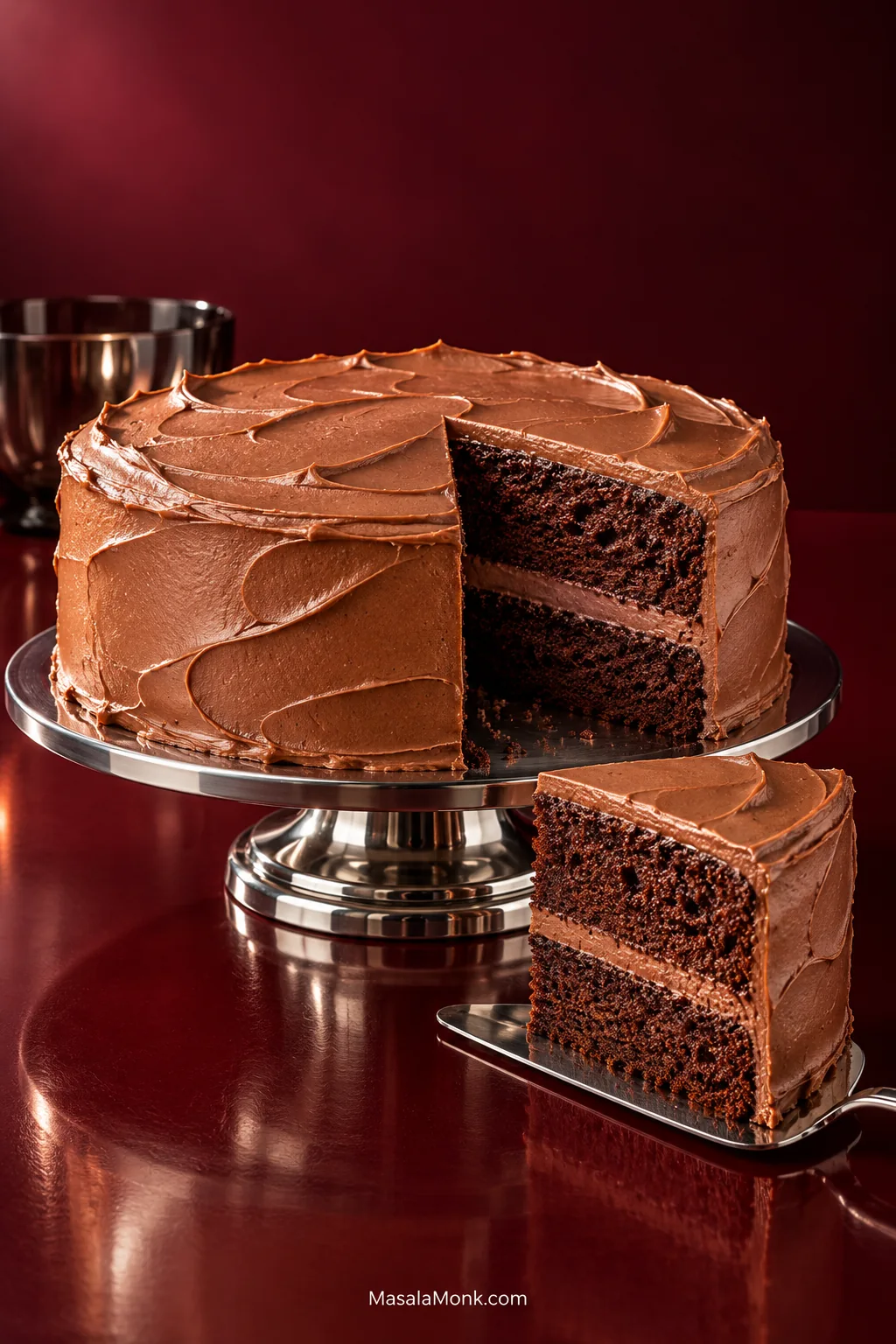 Two-layer chocolate cake with chocolate buttercream, one slice removed to reveal a tender dark crumb and thin center filling.
