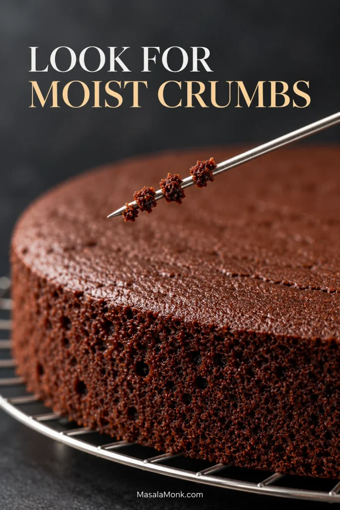Cake tester held beside a bare chocolate cake layer with several small moist crumbs clinging to the tip.