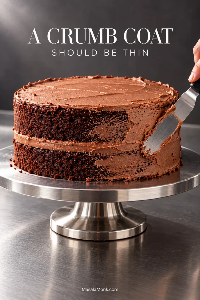 Two-layer chocolate cake with a thin chocolate crumb coat, leaving parts of the dark cake visible beneath the frosting.