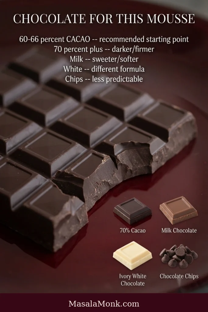 Chocolate selection guide comparing dark chocolate, higher-percentage dark chocolate, milk chocolate, white chocolate and chocolate chips.