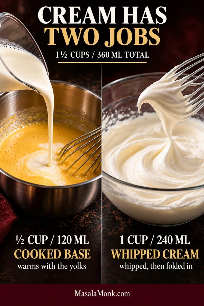 Two portions of heavy cream: ½ cup poured into a golden cooked yolk base, and 1 cup whipped to a smooth peak that bends at the tip.