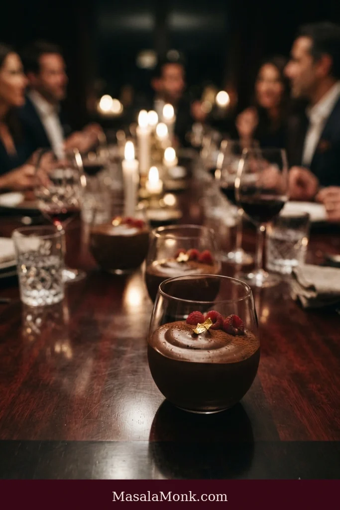 Individual glasses of chocolate mousse arranged on a dark dinner-party table with raspberry and chocolate garnishes.