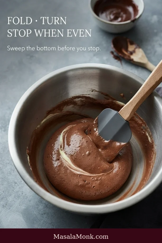 A flexible spatula folds chocolate mousse in a bowl, with a faint streak of pale cream still visible in the mixture.