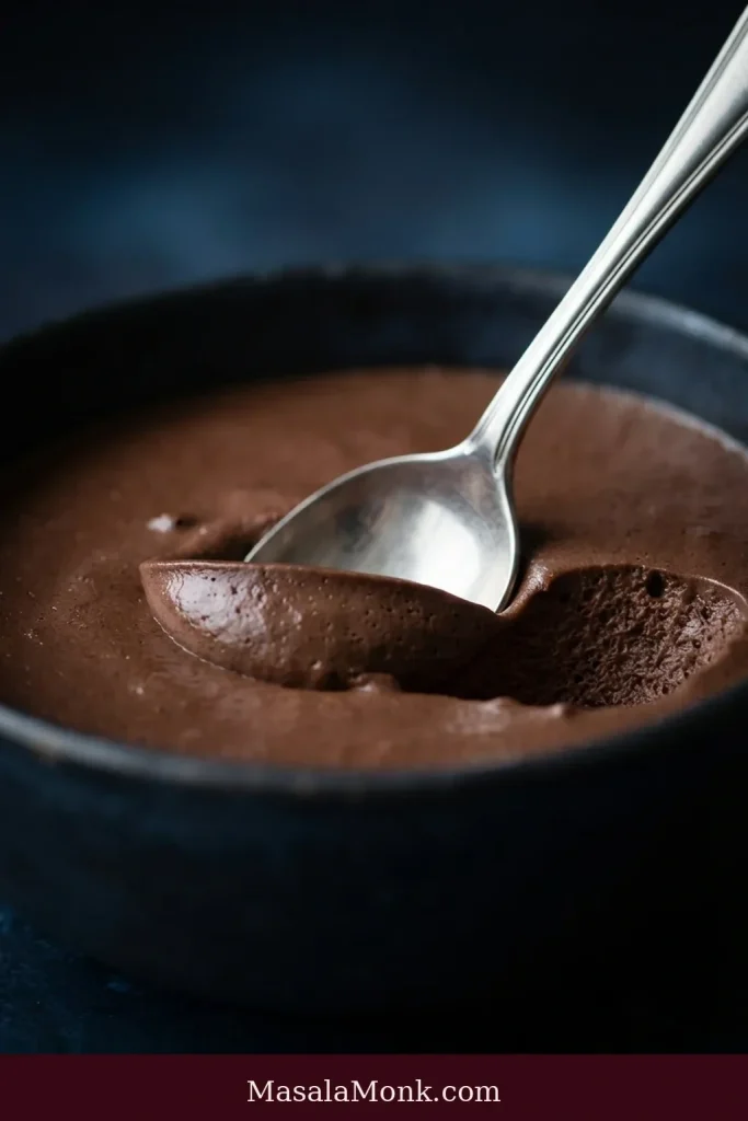 A silver spoon enters chilled chocolate mousse, leaving a smooth, softly defined trench in the creamy chocolate surface.
