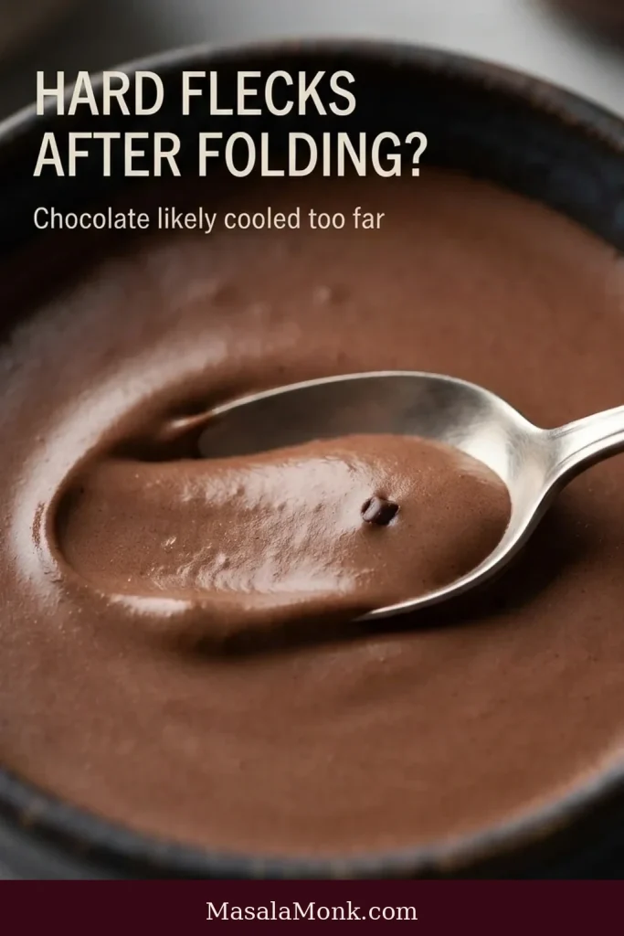 A close-up of chocolate mousse with one small dark fleck embedded in the creamy surface beside a spoon-made trough.