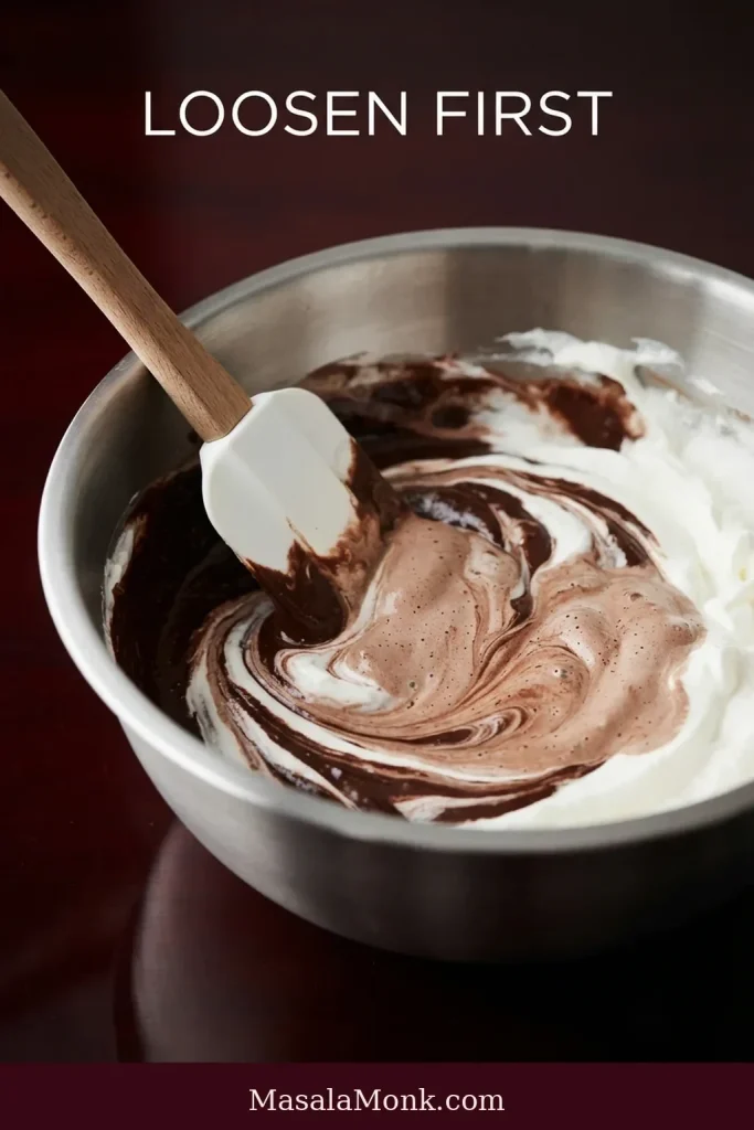 The first portion of whipped cream is mixed into a dark chocolate base, creating pale streaks and a lighter chocolate mixture.