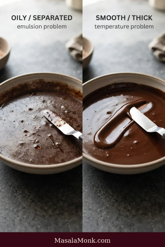 Two chocolate mixtures compared: one has an oily, uneven surface, while the other is smooth but thick enough to retain a spatula trail.