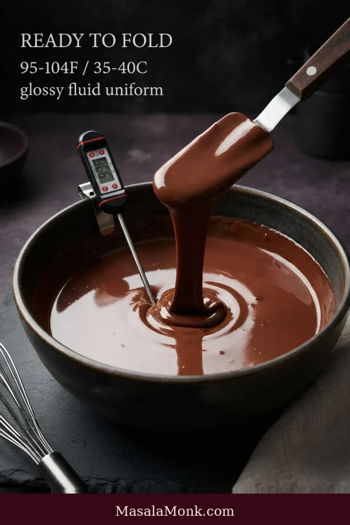 Glossy melted chocolate mixture falls in a smooth, continuous ribbon from a spatula into a bowl.