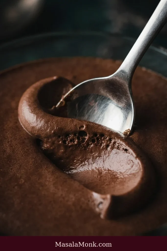A silver spoon dragged through chocolate mousse leaves a smooth trough and a softly raised ridge in the creamy surface.