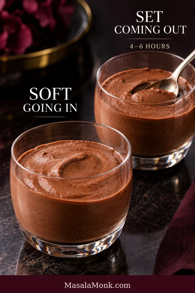 Two glasses of chocolate mousse show a softer freshly portioned surface in front and a more settled, spoon-retentive surface after chilling behind it.