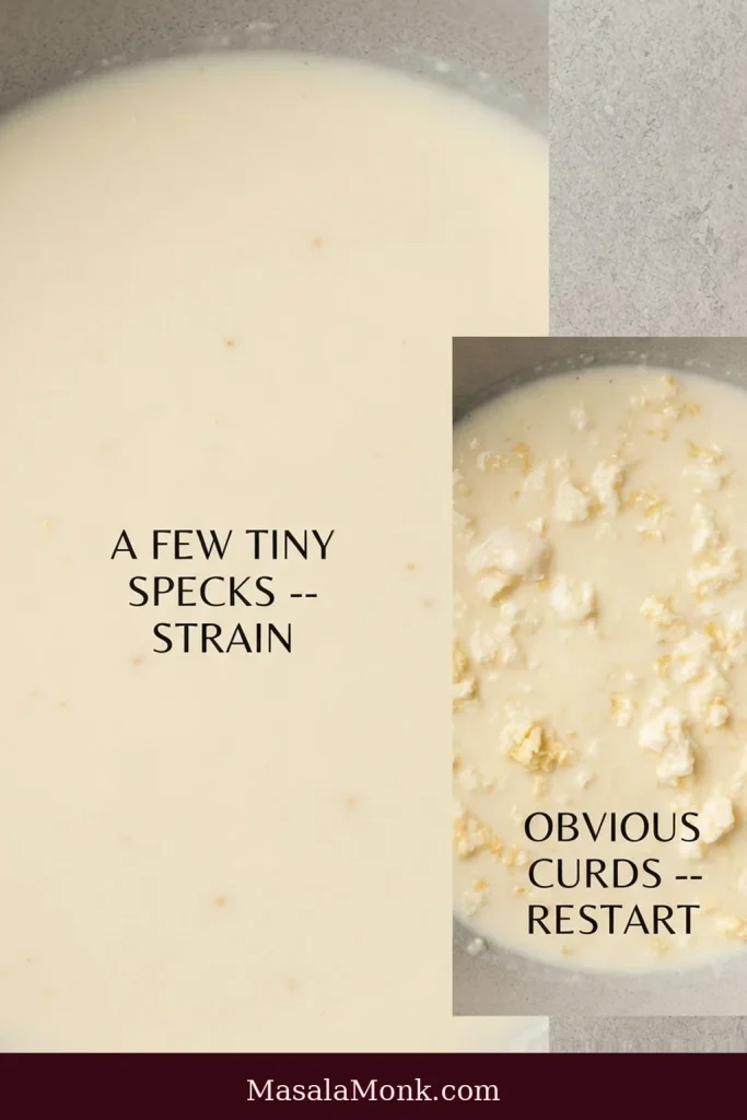 A mostly smooth golden yolk mixture with a few tiny specks beside a second mixture containing larger cooked-egg curds.