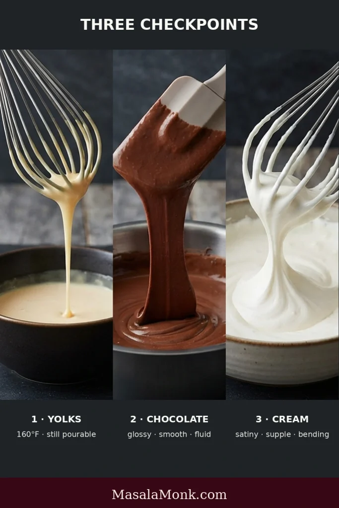 Three chocolate mousse preparation stages: a pourable golden yolk mixture, a glossy chocolate base and whipped cream with a gently bending peak.