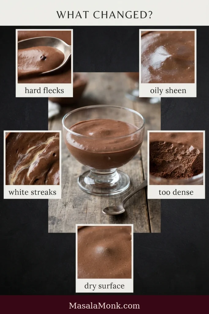 Chocolate mousse troubleshooting guide showing hard flecks, an oily sheen, white cream streaks, a compact mixture and a dry surface.