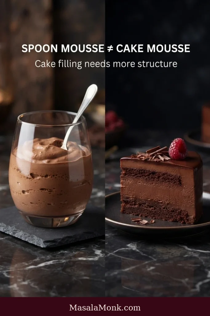A glass of spoonable chocolate mousse beside a slice of chocolate mousse cake with a distinct mousse layer between cake layers.