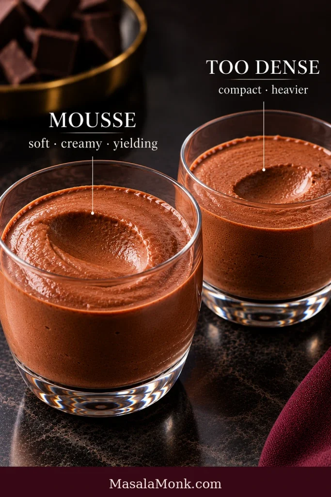 Two chocolate mousse surfaces after spoon presses: one has a deeper rounded indentation, while the other has a shallower, more compact indentation.
