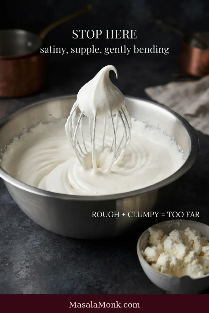 Smooth whipped cream holds a softly bending peak in a metal bowl beside rough, clumpy overwhipped cream.