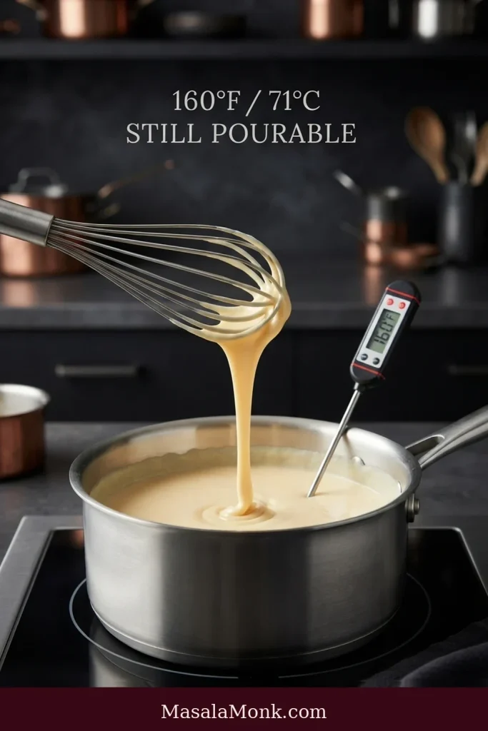 A digital thermometer checks a pale golden yolk and cream mixture in a saucepan as it remains fluid and pourable.