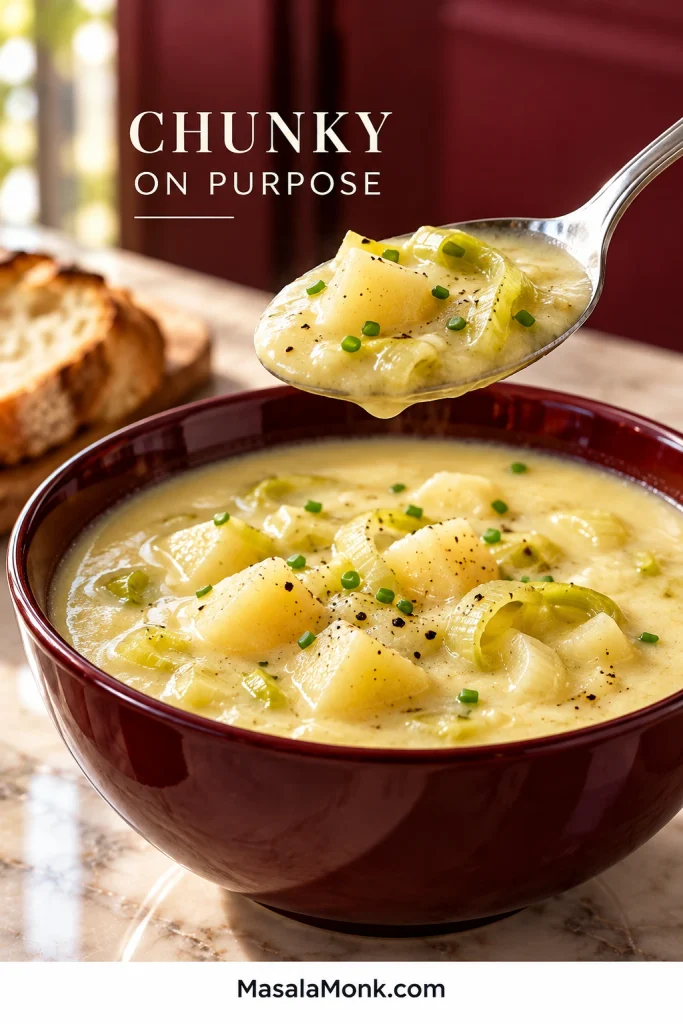 Spoon lifted from a bowl of chunky potato leek soup with tender potato pieces and softened leek visible in the creamy base.