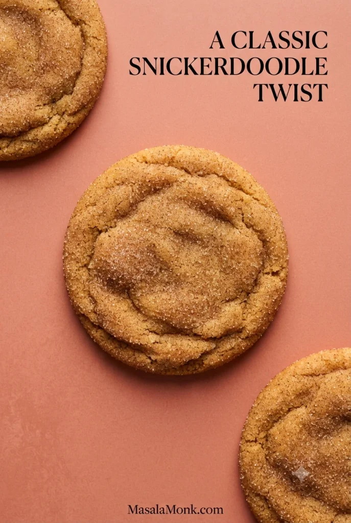 Top-down arrangement of cinnamon-sugar cookies on a warm coral background with the words “A classic snickerdoodle twist.”