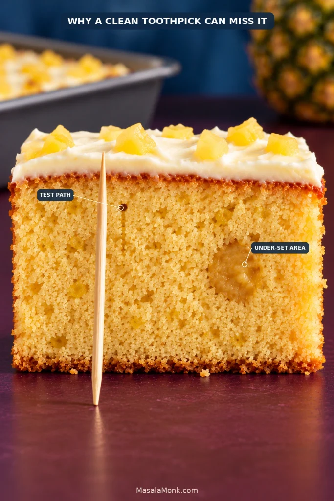 Pineapple cake cross-section showing a clean toothpick test path through baked crumb and a separate under-set area nearby.