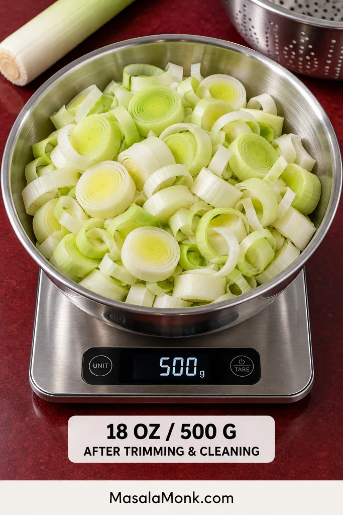 Cleaned white and pale-green sliced leeks on a kitchen scale showing about 500 grams, or 18 ounces.